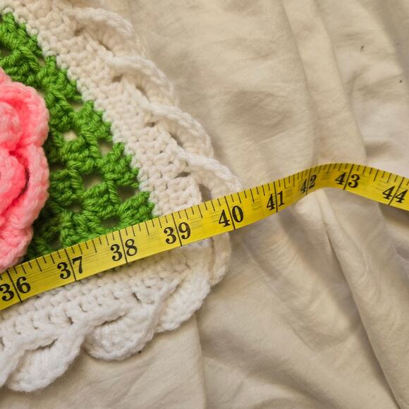 Crochet 3D Rose Blanket Granny Square Throw Afghan White/Green/Purple/Pink - Picture 9 of 10